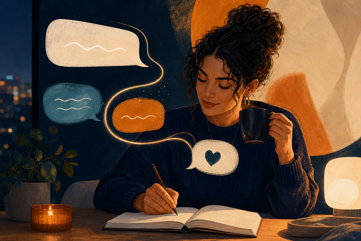 A woman writes in a notebook while holding a mug beneath abstract speech bubbles.