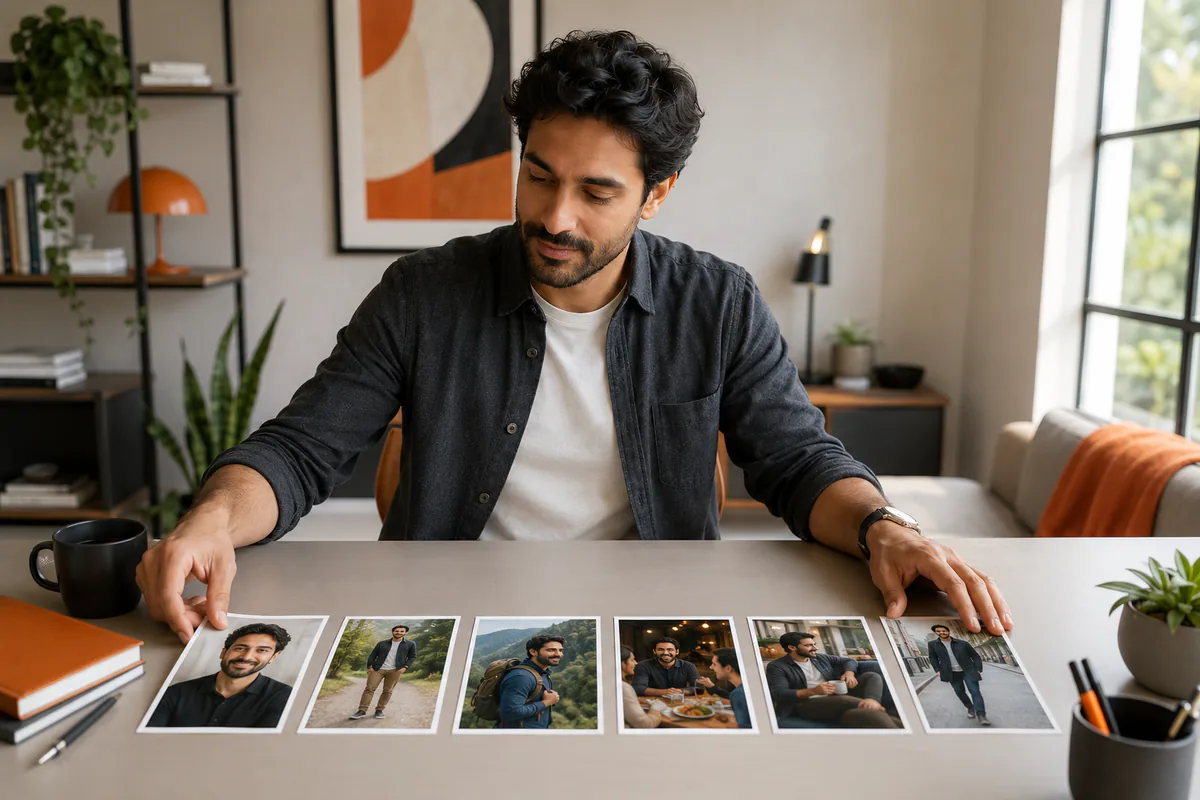 A man arranges six printed dating profile portraits into a deliberate sequence on a table.