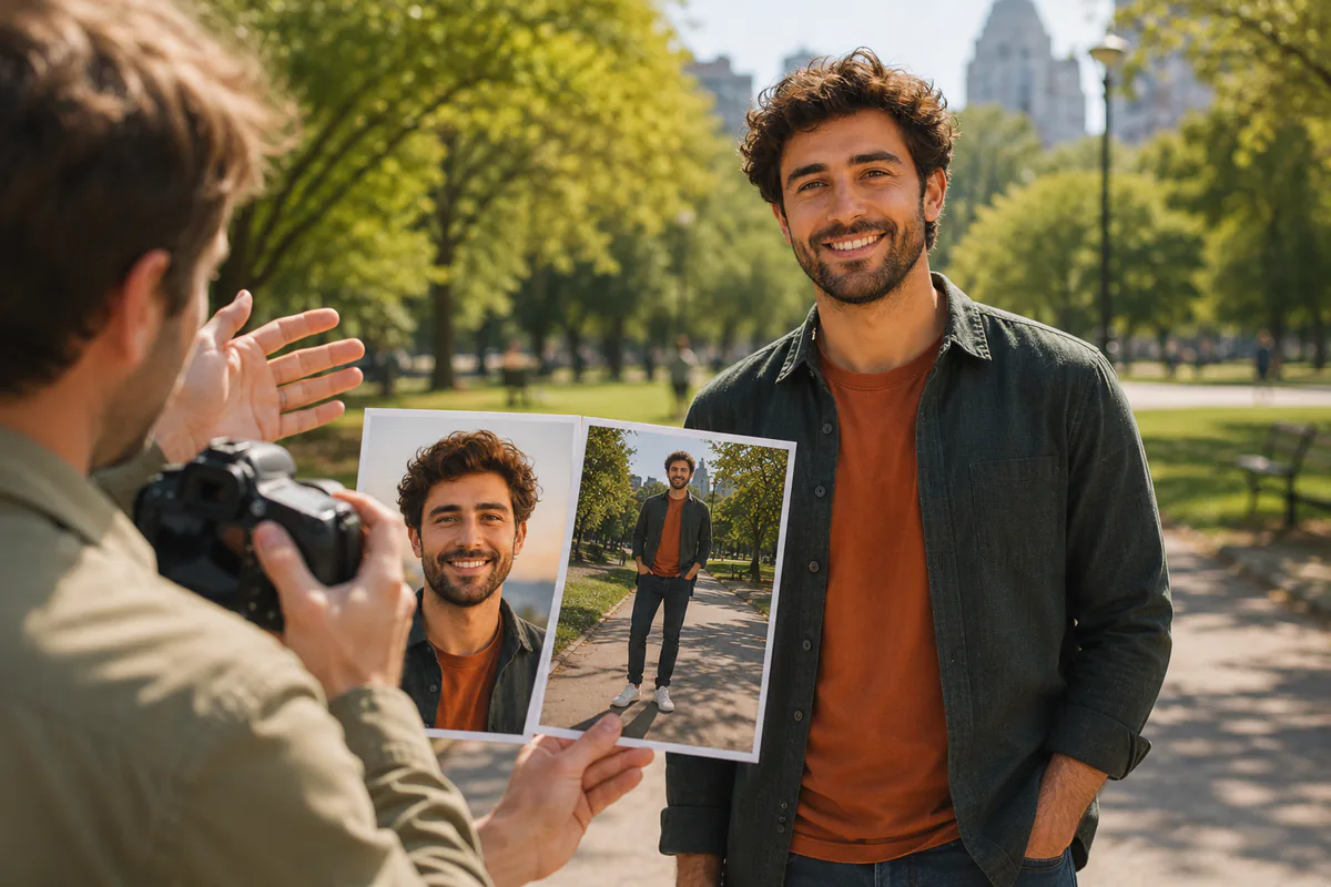 A photographer shows a smiling man several outdoor portrait options for his lead profile photo.