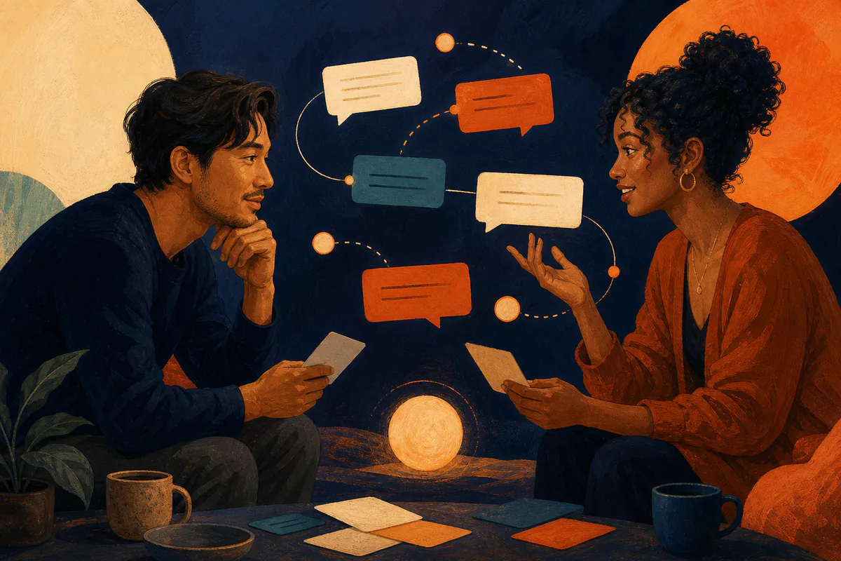 Two adults compare blank message cards amid connected speech bubbles.