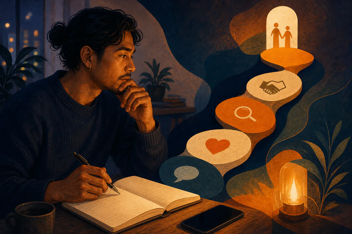 A man maps a sequence from conversation to connection in an open notebook.