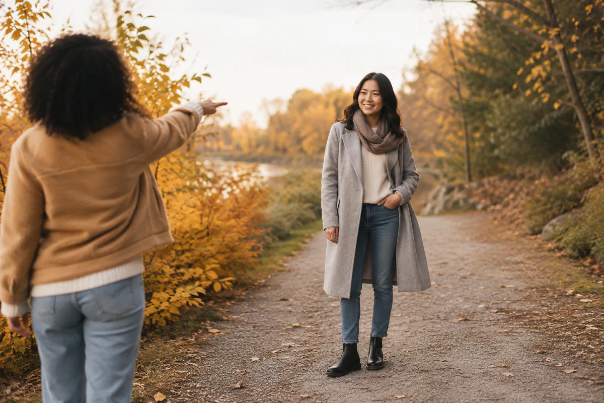 A woman compares a warm autumn lifestyle photo with a confident portrait on a wooded path.