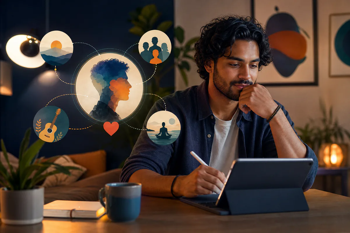 A man writes on a tablet beside symbols for personality, interests, and community.