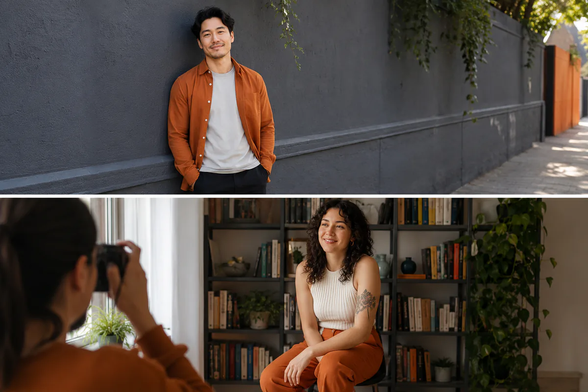 A portrait subject compares an uncluttered city wall with a softly lit home interior as photo backgrounds.
