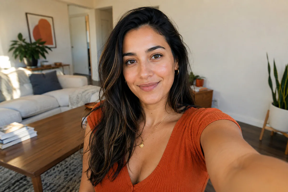 A woman takes a naturally lit selfie at arm's length in a tidy room.