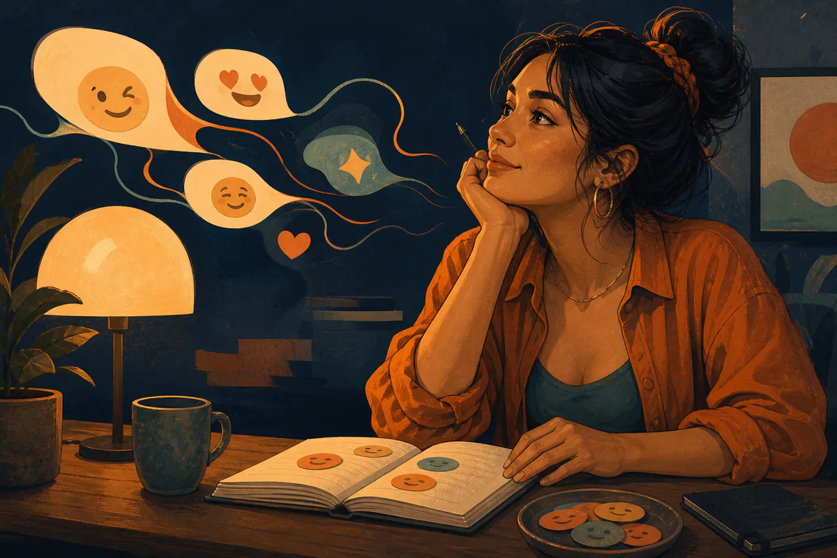 A woman considers playful emoji tokens arranged in a notebook and speech bubbles.