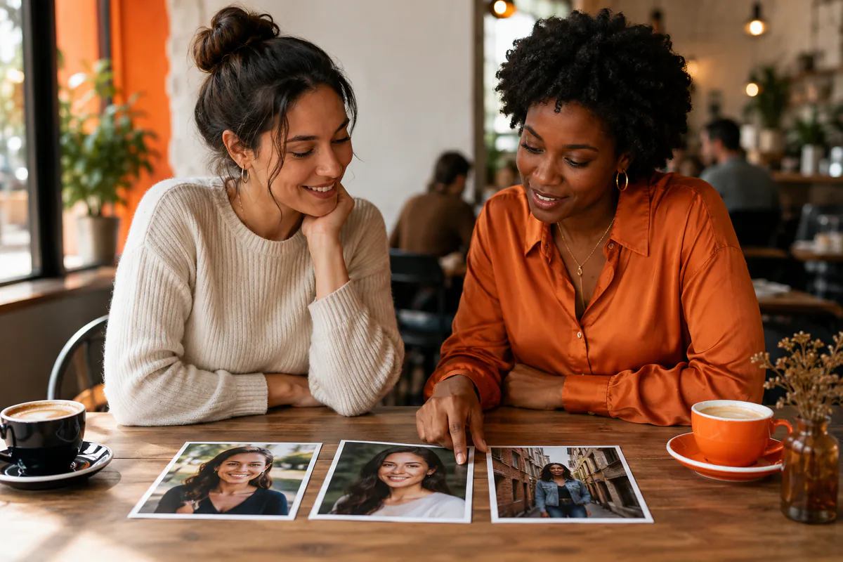 Two friends compare a varied set of portrait photos together at a café table.