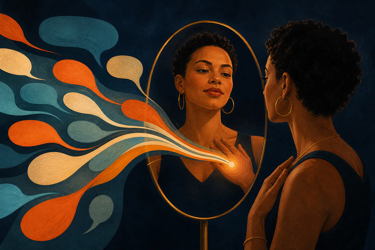 A woman faces a mirror as flowing speech shapes converge toward her reflection.