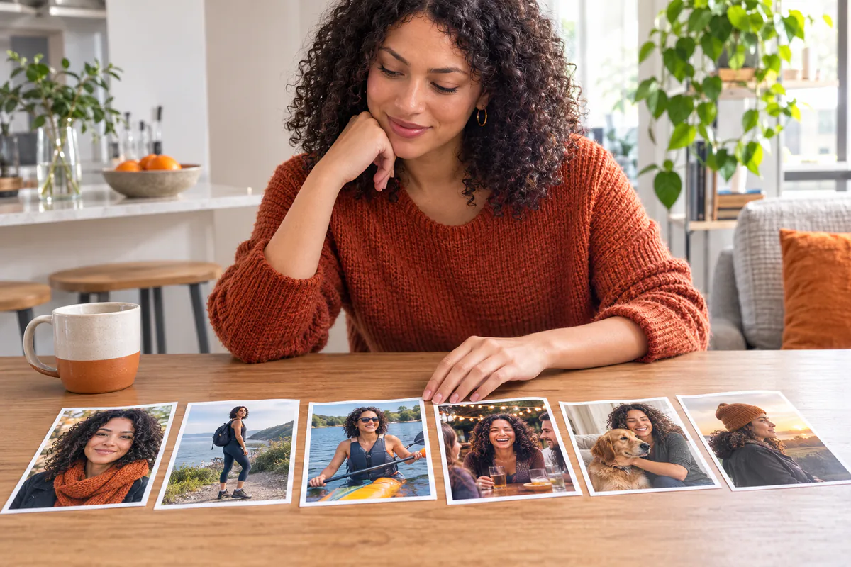 A woman compares six distinct dating profile portraits showing a balanced range of settings and expressions.