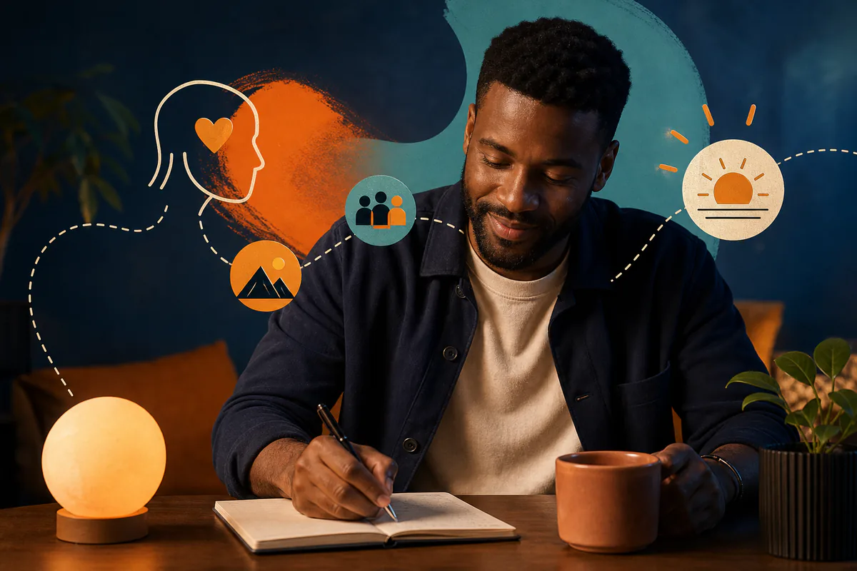 A man plans in a notebook beside symbols for a person, community, nature, and connection.