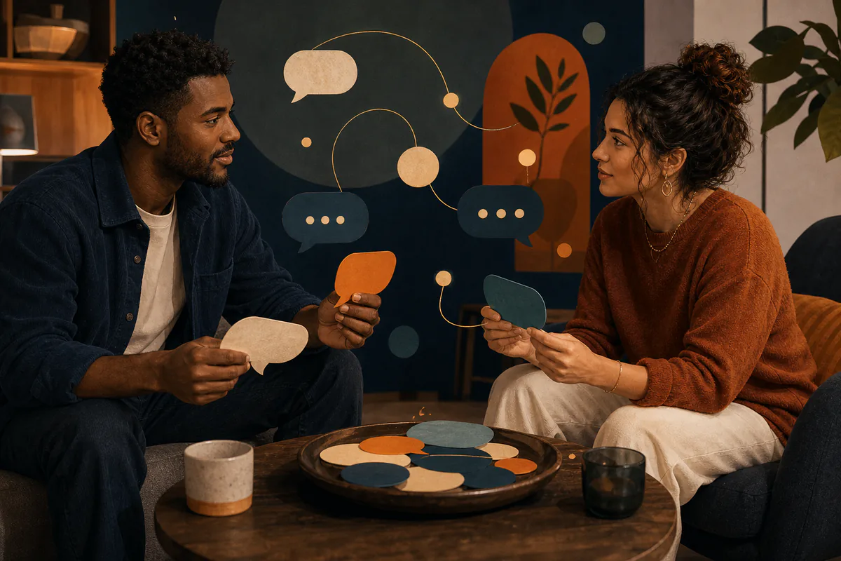 Two adults practice a conversation while holding colorful speech cards.
