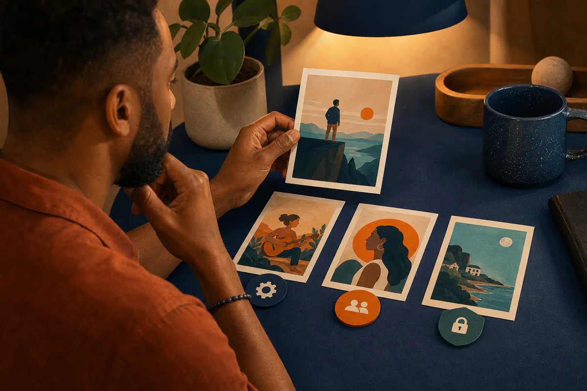 A man selects from illustrated lifestyle cards beside privacy and settings tokens.