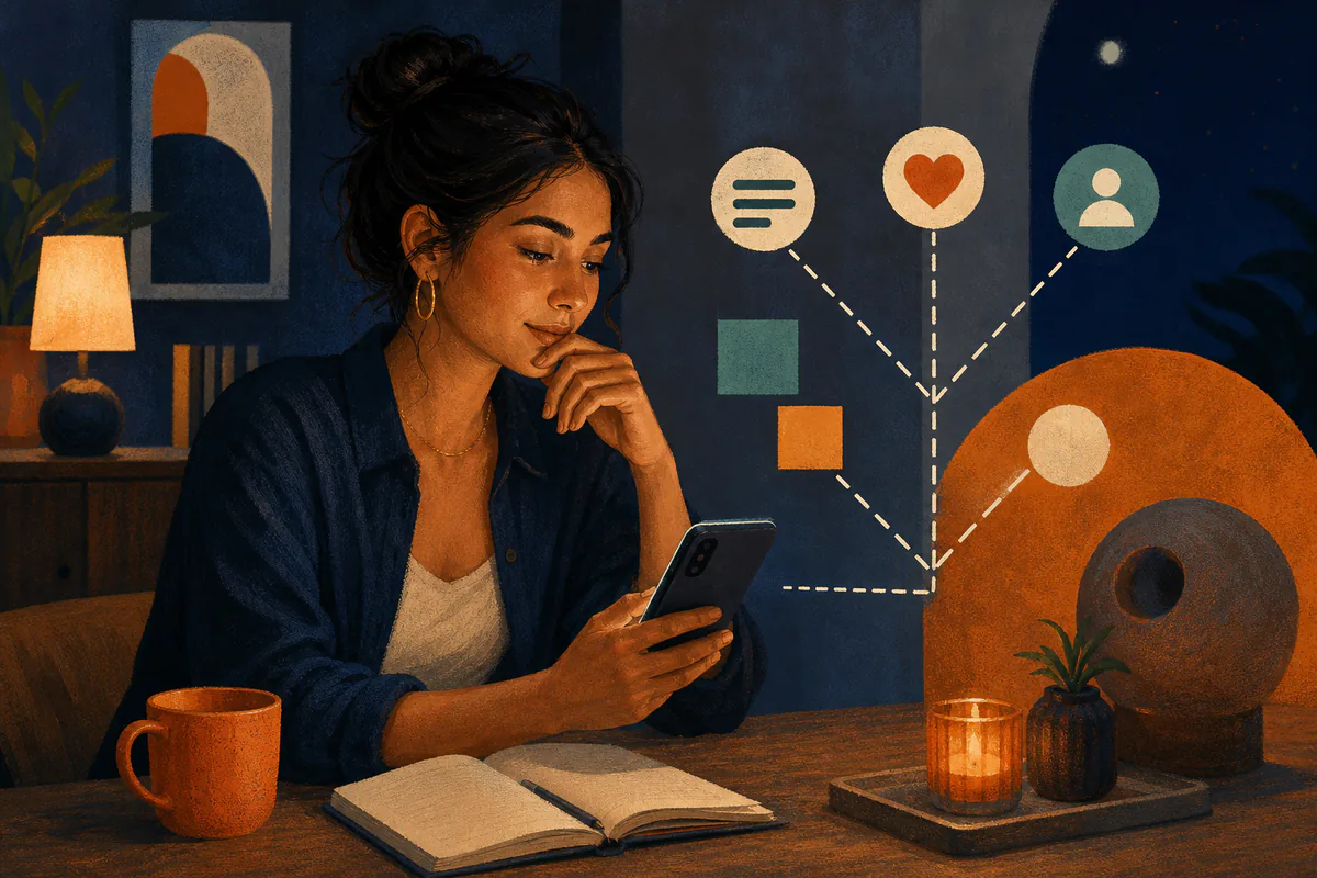 A woman considers her phone beside branching icons for messages, connection, and identity.