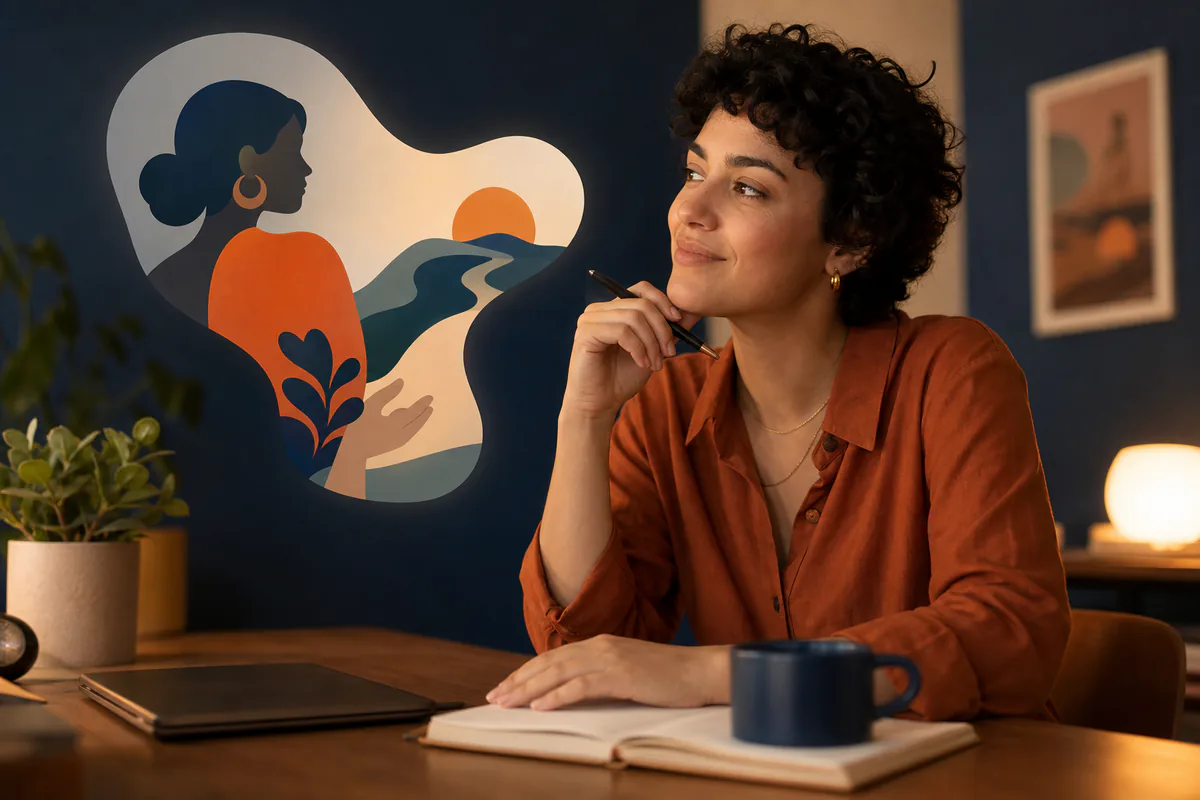 A woman reflects beside an illustration of a person following an open path.