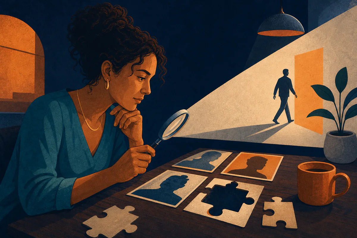 A woman examines silhouette profile cards with a magnifying glass and missing puzzle piece.