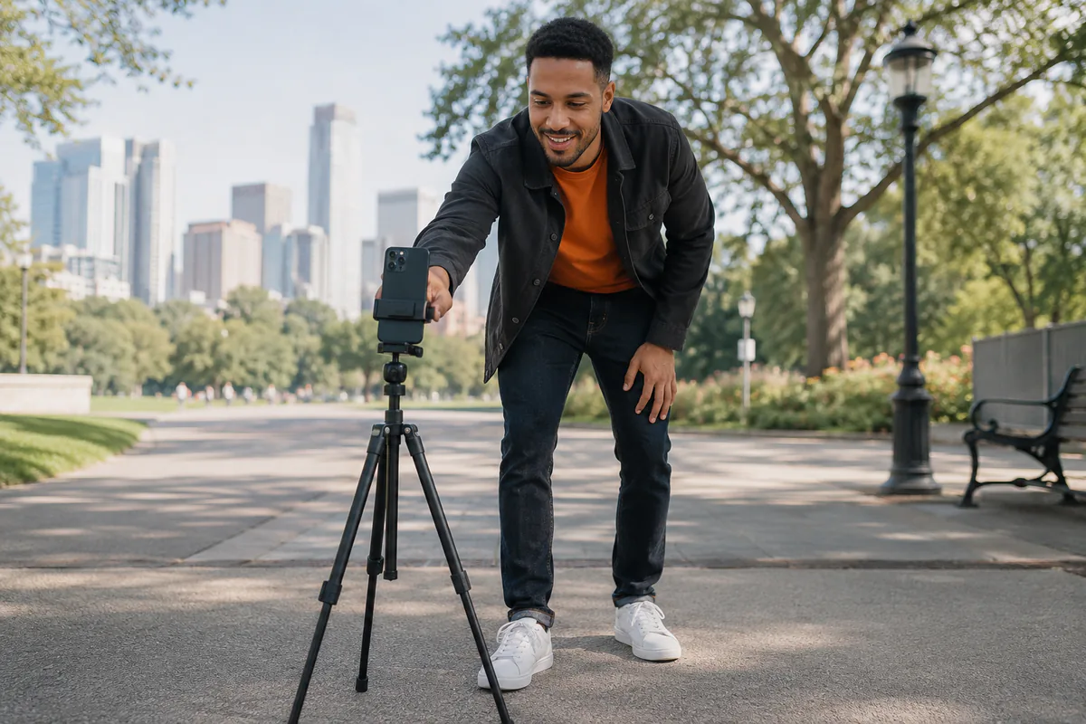 A man uses a phone tripod and timer to take his own outdoor dating profile portrait.