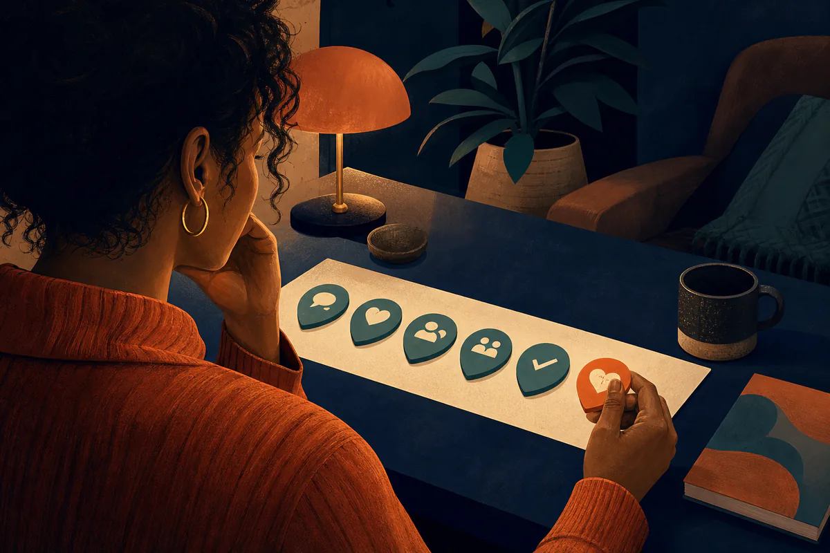 A woman arranges a sequence of communication and relationship symbols ending with a heart.