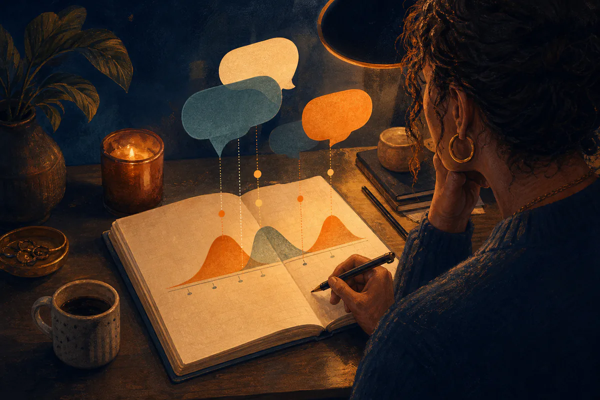 A woman charts message activity over time in an open notebook.