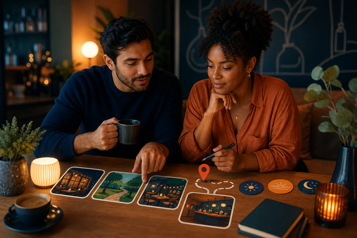 A couple arranges illustrated venue cards, a route marker, and time-of-day tokens.