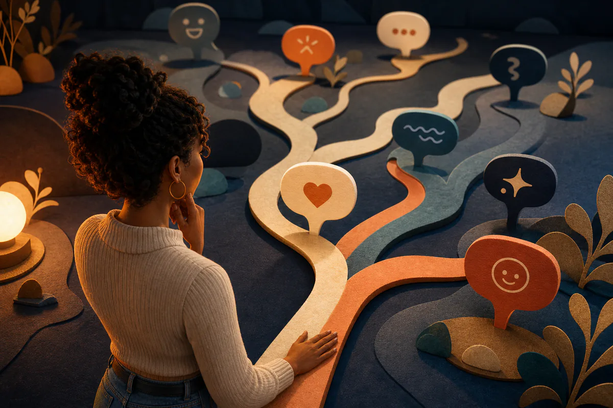 A woman chooses among branching paths marked with playful message symbols.