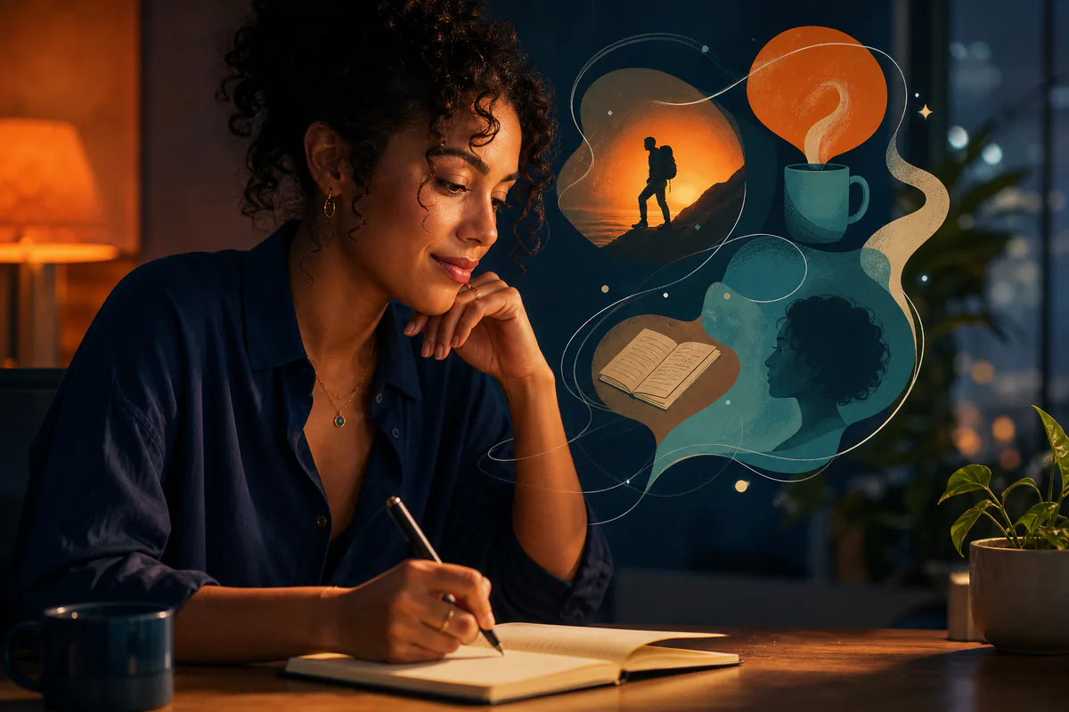 A woman writes in a notebook beside symbols for hiking, coffee, reading, and identity.