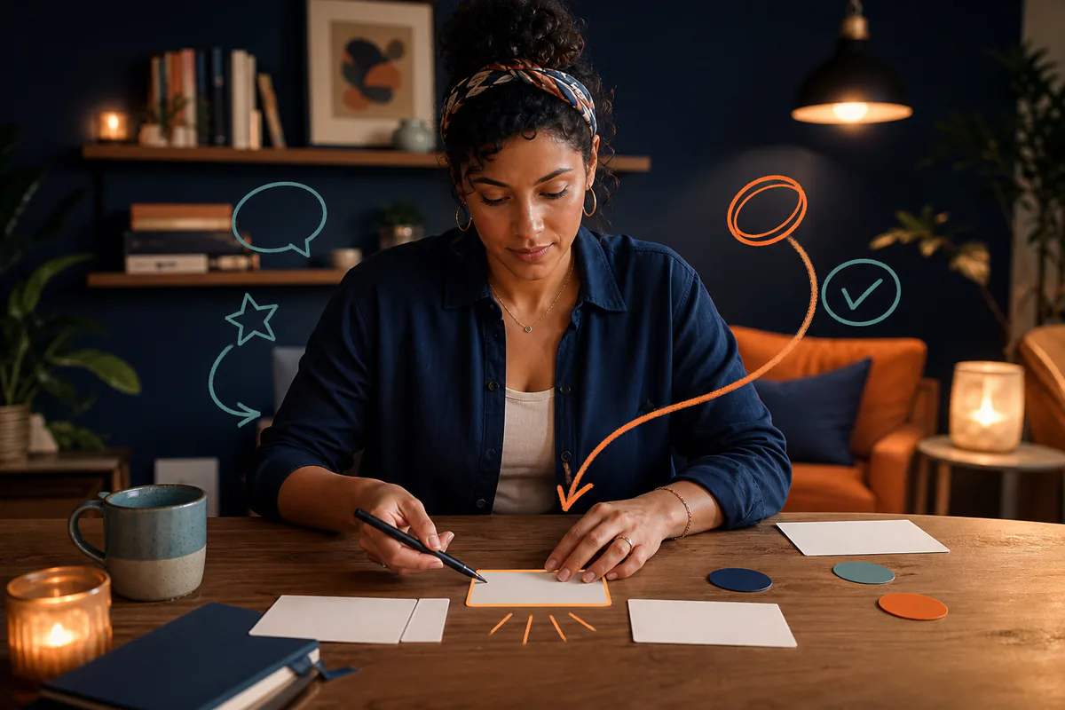 A woman makes a decisive edit across a set of blank prompt cards.